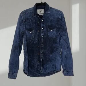 ZARA Man Acid Wash Denim Button-Up Shirt – Dark Blue (Men’s M) – Slim Fit
